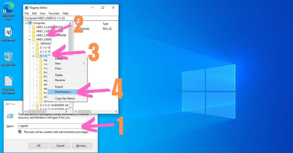Windows reg 1-5-20 folder activating permissions option