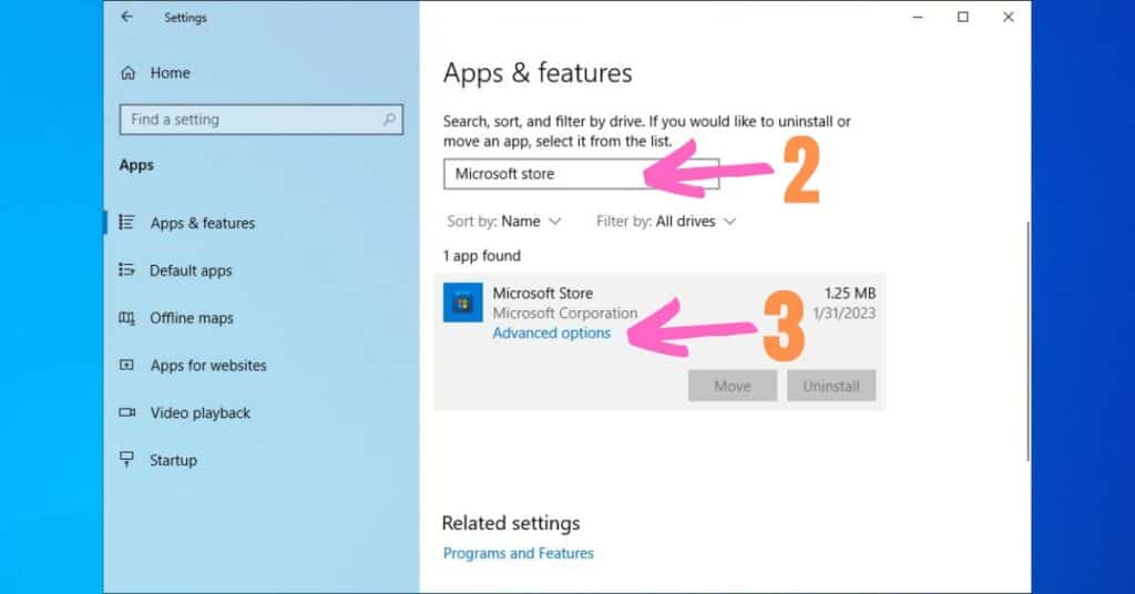 Advanced options on Microsoft Store App