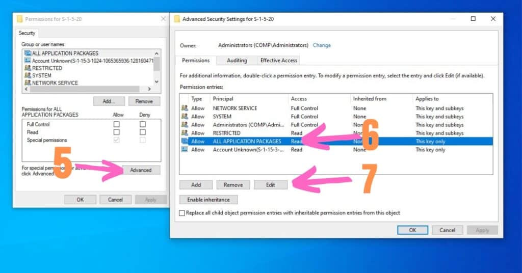 On 1-5-20 folder advanced security settings editing ALL APPLICATION PACKAGES