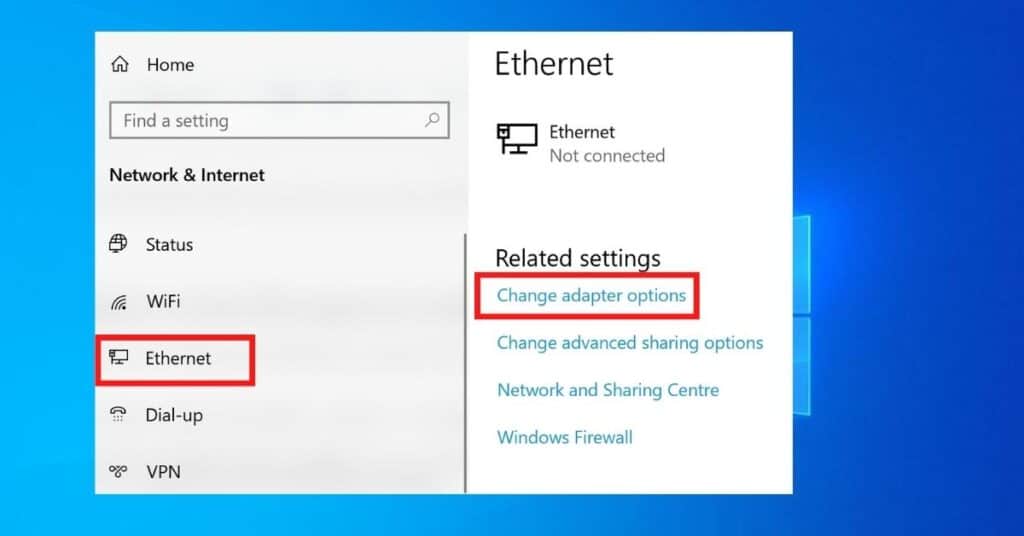 Change Windows Ethernet adapter options window