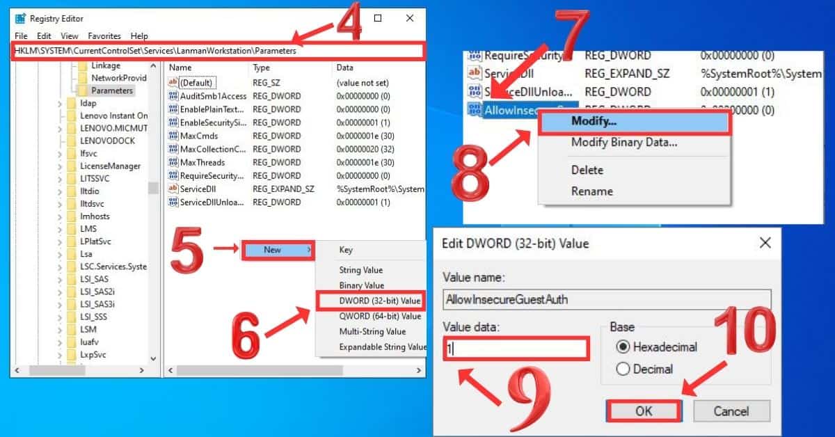 How to create AllowInsecureGuestAuth on registry editor in windows os and change value