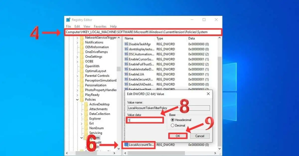 Create and change value to LocalAccountTokenFilterPolicy on registry editor in windows os