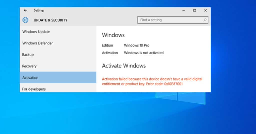 Windows activation error 0x803F7001