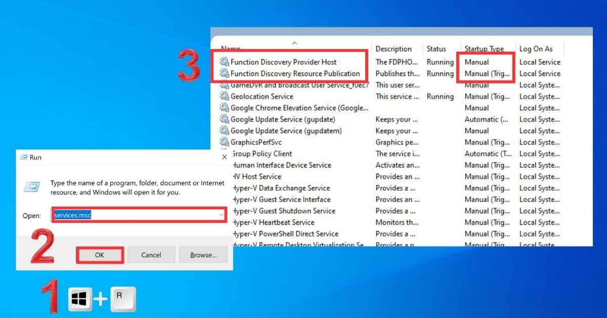 How to open Function Discovery Provider Host & Function Discovery Recourse Publication services on Windows