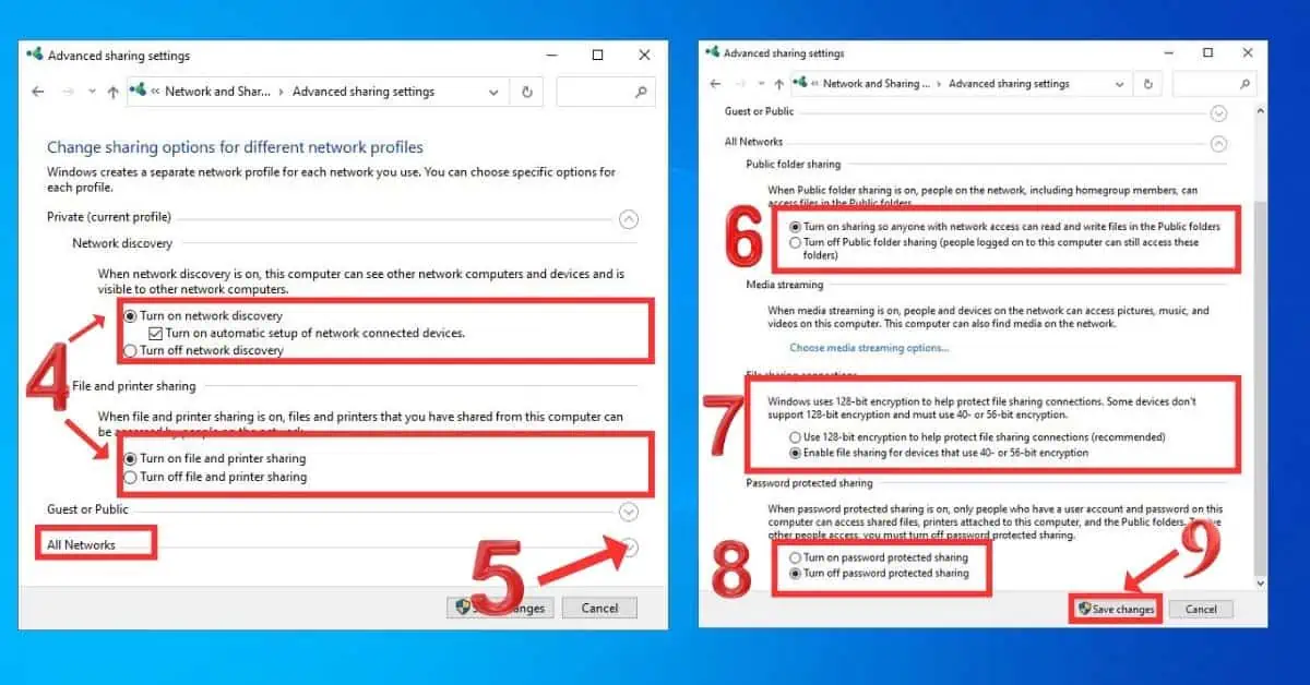Setting up advanced sharing Private and Network settings on Windows
