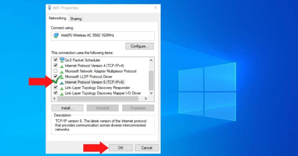 Uncheck the IPv6 option on Windows Networking