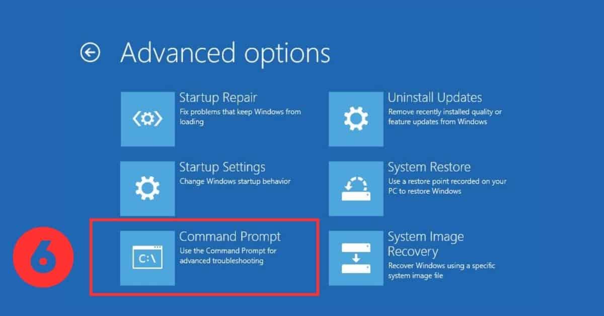 Windows OS automatic repair mode in advanced options selecting command prompt