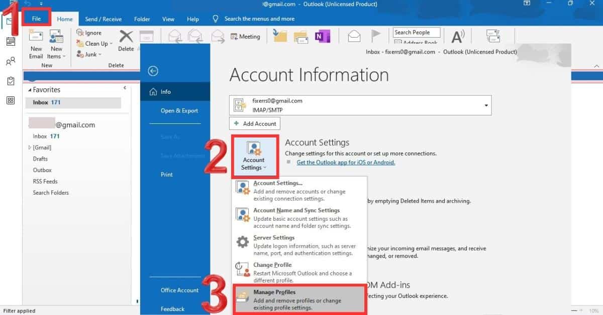 How to open manage outlook profiles option