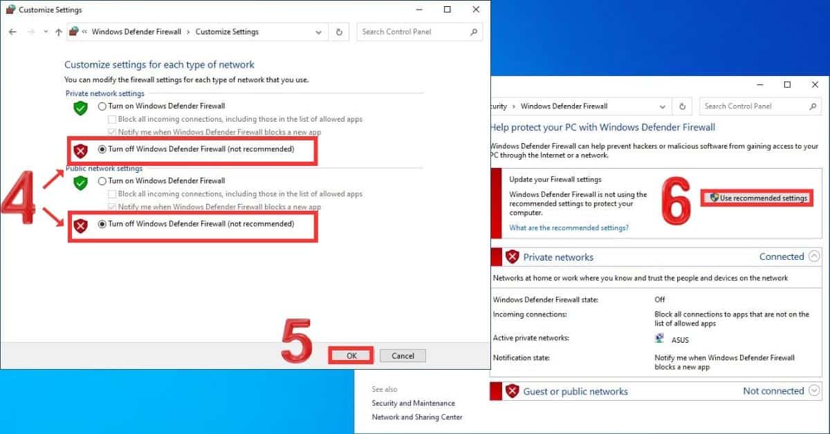 Turn on and off the windows defender firewall